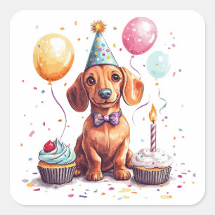 Pegatina Cuadrada Feliz Cumpleaños Perro Dachshund 