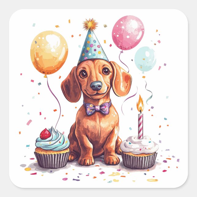 Pegatina Cuadrada Feliz Cumpleaños Perro Dachshund  (Anverso)