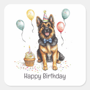 Pegatina Cuadrada Feliz Cumpleaños Perro Pastor Alemán