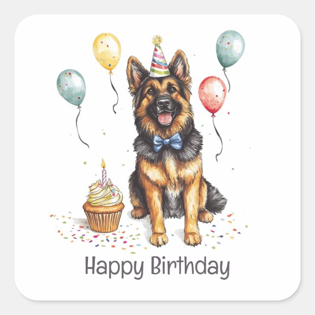 Pegatina Cuadrada Feliz Cumpleaños Perro Pastor Alemán (Anverso)
