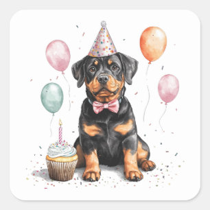Pegatina Cuadrada Feliz Cumpleaños Perro Rottweiler