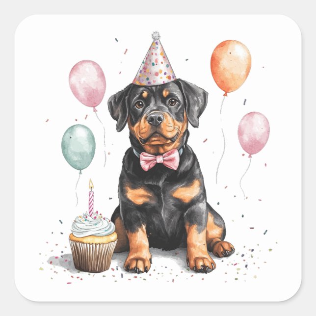 Pegatina Cuadrada Feliz Cumpleaños Perro Rottweiler (Anverso)