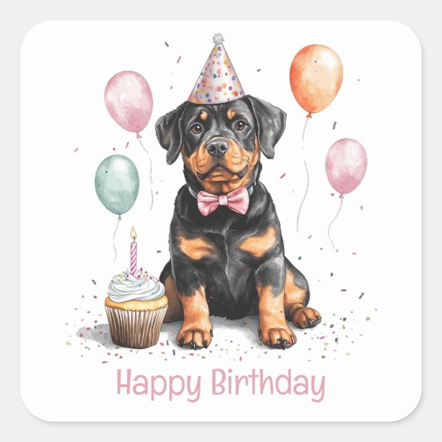 Pegatina Cuadrada Feliz Cumpleaños Perro Rottweiler (Anverso)