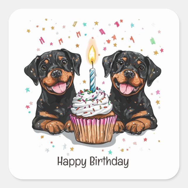 Pegatina Cuadrada Feliz Cumpleaños Perros Rottweiler (Anverso)