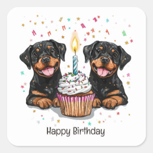 Pegatina Cuadrada Feliz Cumpleaños Perros Rottweiler