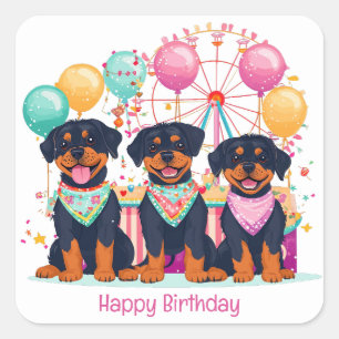 Pegatina Cuadrada Feliz cumpleaños, Perros Rottweiler En Un Carnaval