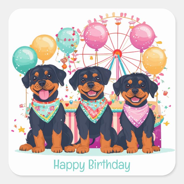 Pegatina Cuadrada Feliz cumpleaños, Perros Rottweiler En Un Carnaval (Anverso)