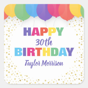 Pegatina Cuadrada Feliz cumpleaños Personalizado Año nombre globos c