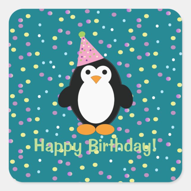 Pegatina Cuadrada Feliz cumpleaños, Personalizado  Fiesta Penguin (Anverso)