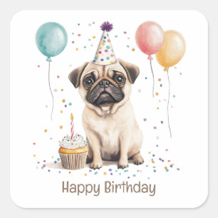 Pegatina Cuadrada Feliz Cumpleaños Pug Perro