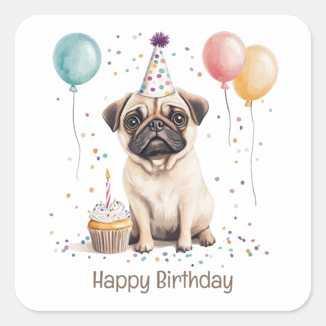 Pegatina Cuadrada Feliz Cumpleaños Pug Perro (Anverso)