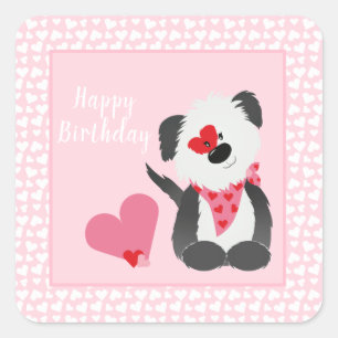 Pegatina Cuadrada Feliz cumpleaños Puppy Heart Pattern Pink