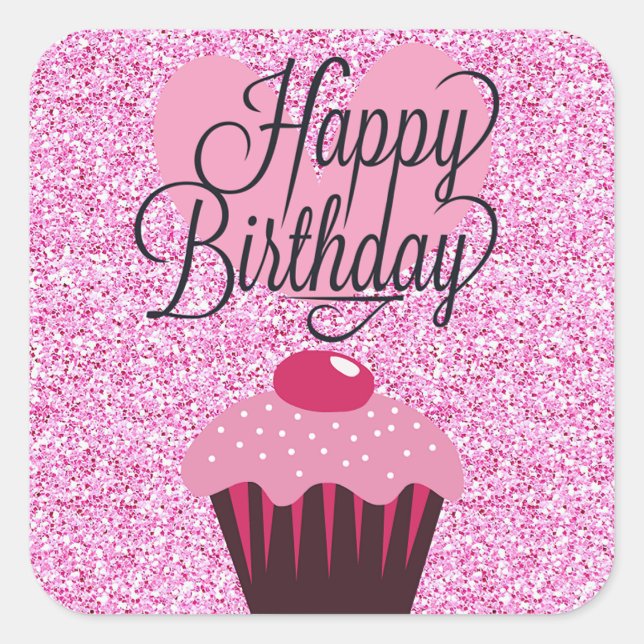 Pegatina Cuadrada Feliz cumpleaños Purpurina Rosa Pegatinas de paste (Anverso)