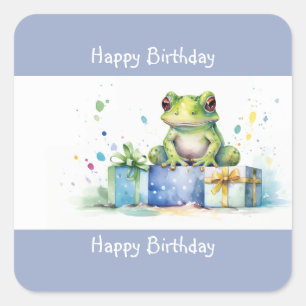 Pegatina Cuadrada Feliz cumpleaños rana verde linda con regalos envu