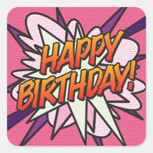 Pegatina Cuadrada FELIZ CUMPLEAÑOS Rosa Divertido Moderno