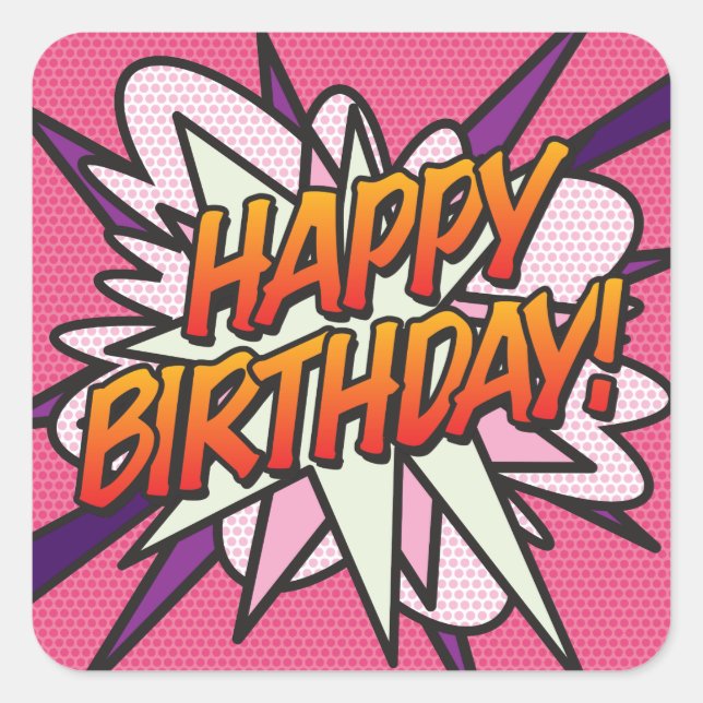 Pegatina Cuadrada FELIZ CUMPLEAÑOS Rosa Divertido Moderno (Anverso)