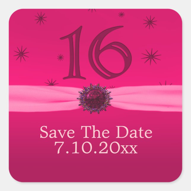 Pegatina Cuadrada Feliz cumpleaños rosado 16 Diversión (Anverso)