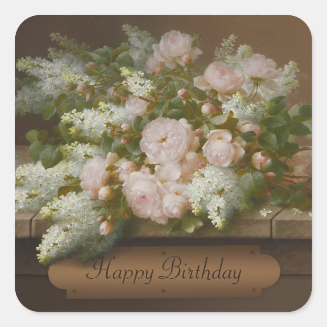 Pegatina Cuadrada Feliz cumpleaños Rosas y Lilacs CC0884 Longpré (Anverso)