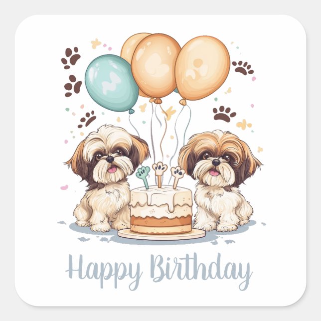 Pegatina Cuadrada Feliz cumpleaños Shih Tzu Dogs Pastel de cumpleaño (Anverso)