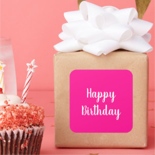 Pegatina Cuadrada Feliz Cumpleaños Simple Rosa Fucsia
