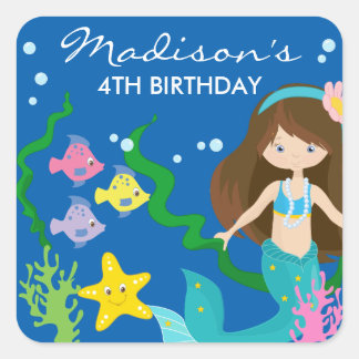 Pegatina Cuadrada Feliz cumpleaños, sirena | Bajo El Mar