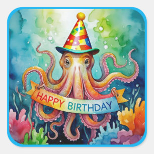 Pegatina Cuadrada Feliz Cumpleaños Sombrero de Fiesta de Pulpo Diseñ