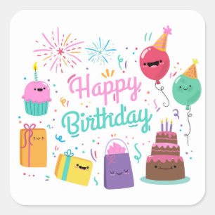 Pegatina Cuadrada Feliz cumpleaños sonriente