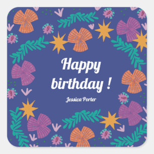 Pegatina Cuadrada Feliz cumpleaños sticker azul moderno personalizab