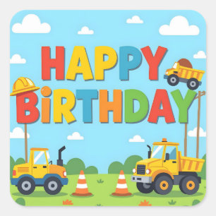 Pegatina Cuadrada Feliz cumpleaños tema constructor de obras