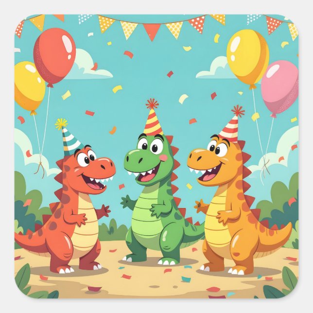 Pegatina Cuadrada Feliz cumpleaños tema de dinosaurios (Anverso)