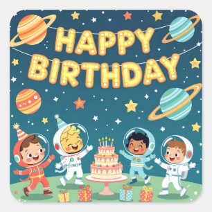 Pegatina Cuadrada Feliz cumpleaños tema espacial