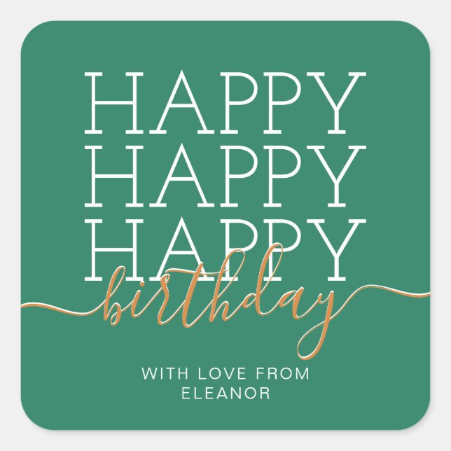 Pegatina Cuadrada Feliz cumpleaños verde moderno (Anverso)