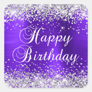 Pegatina Cuadrada Feliz Cumpleaños Violeta Purpura Brillo Plateado