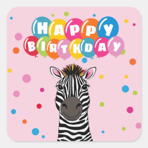 Pegatina Cuadrada Feliz cumpleaños Zebra
