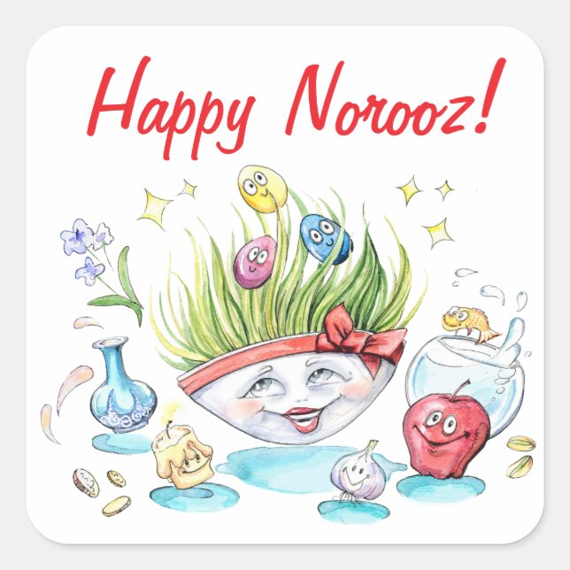 Pegatina Cuadrada Feliz debate divertido en Norooz Haft Sin (Anverso)