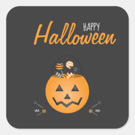 Pegatina Cuadrada Feliz Derivación De Halloween O Cubo De Calabaza