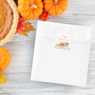 Pegatina Cuadrada Feliz Día de Acción de Gracias Calabaza y Pavo de 