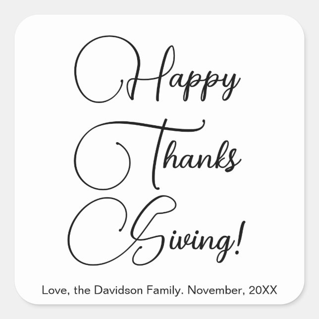Pegatina Cuadrada Feliz Día de Acción de Gracias personalizado negro (Anverso)