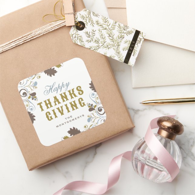 Pegatina Cuadrada Feliz Día De Acción De Gracias Rústicas Hojas De O (Regalar)