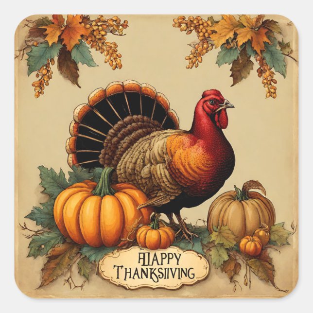 Pegatina Cuadrada Feliz Día de Acción de Gracias, Turquía, calabazas (Anverso)