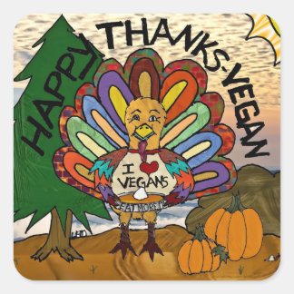 Pegatina Cuadrada Feliz Día de Acción de Gracias Vegano Pavo