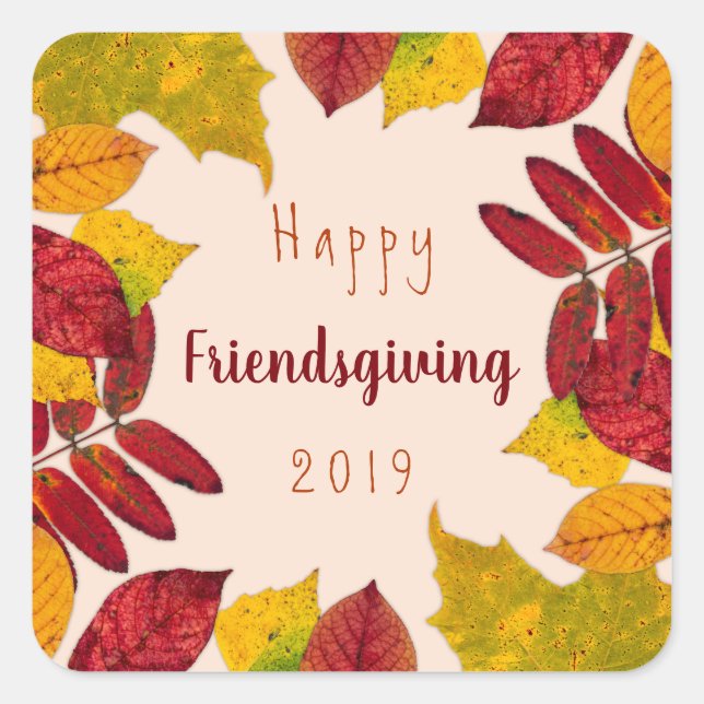 Pegatina Cuadrada Feliz Día de Amistad con hojas de otoño (Anverso)