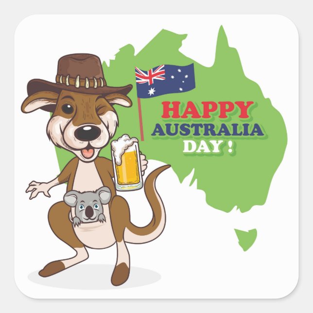 Pegatina Cuadrada Feliz Día de Australia Kangaroo Koala (Anverso)