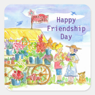 Pegatina Cuadrada Feliz Día de la Amistad Mujeres Amigos Flores de P