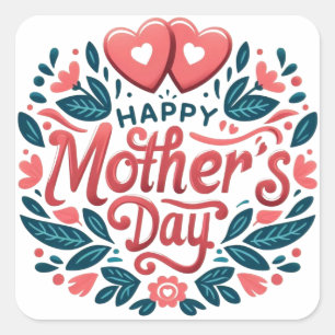 Pegatina Cuadrada Feliz Día de la Madre - Corazón Botánico y Letra
