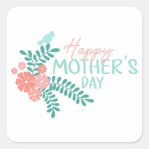 Pegatina Cuadrada Feliz día de la madre floral primaveral pájaro lin
