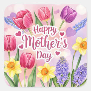 Pegatina Cuadrada Feliz Día de la Madre, flores de primavera,