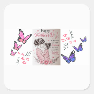 Pegatina Cuadrada Feliz Día de la Madre Mariposa 