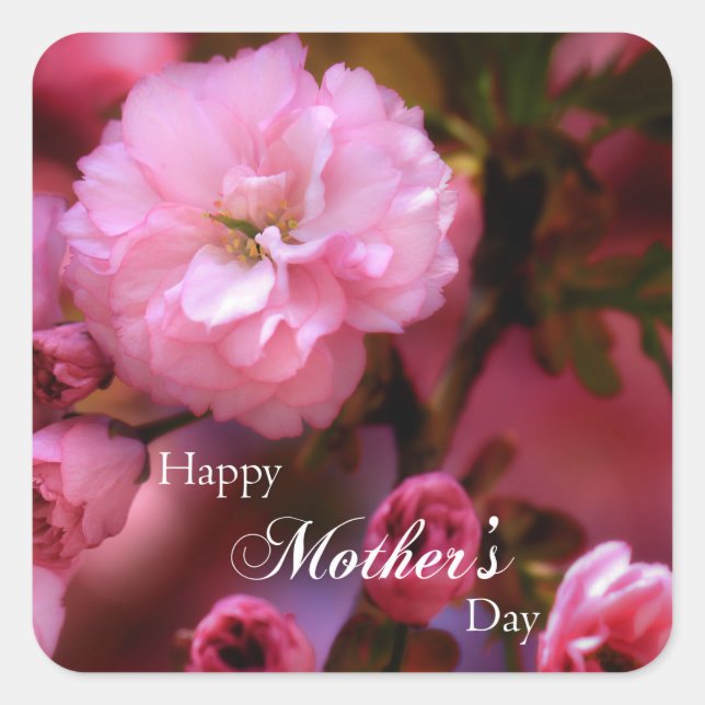 Pegatina Cuadrada Feliz Día de la Madre Primavera Flores de cerezo r (Anverso)