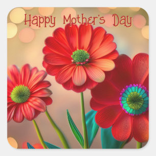 Pegatina Cuadrada Feliz Día de la Madre Tres Margaritas Rojas Texto 
